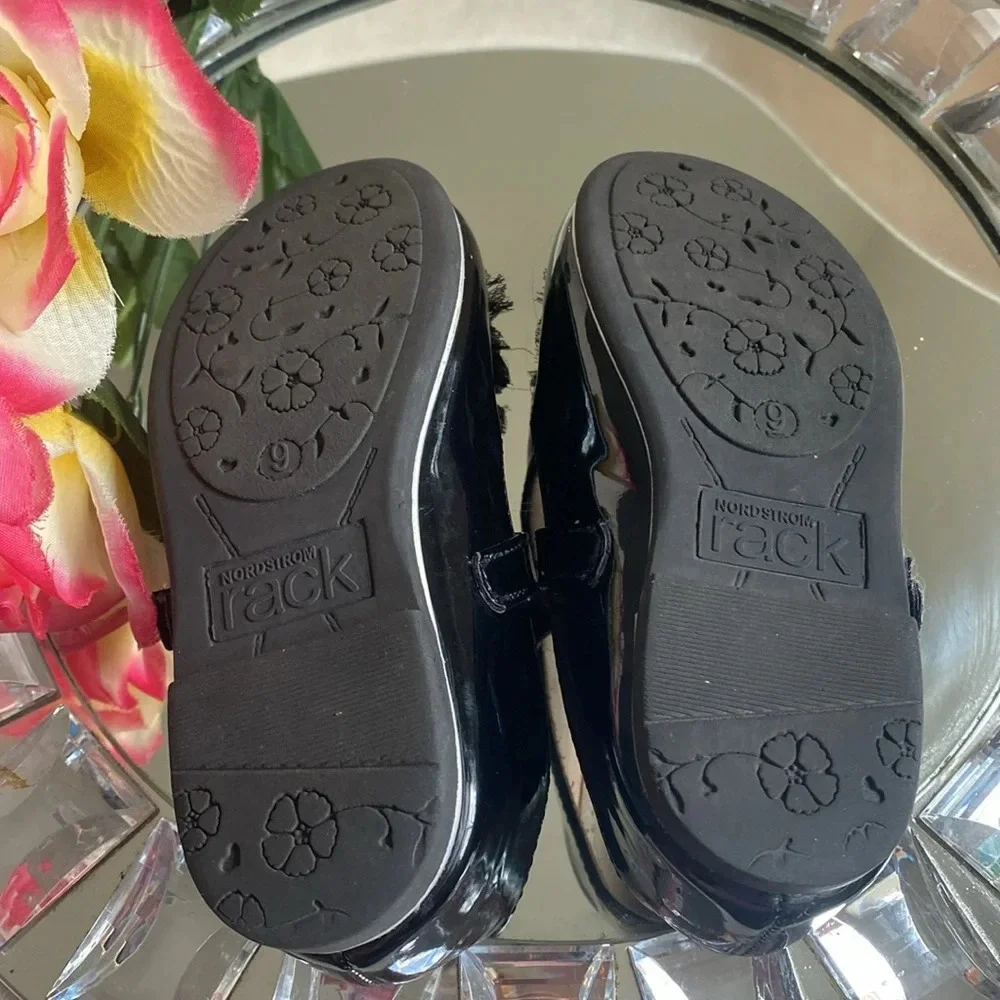 Black Patent Leather Mary Hanes With Embellished Mesh Flower 9M